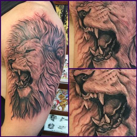 Tattoos - Black and Grey Lion Tattoo - 129042