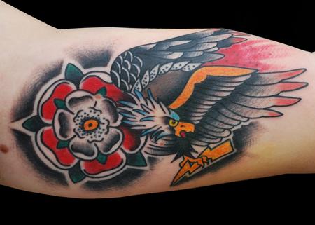 Tattoos - Traditional Eagle and Flower Tattoo - 60022