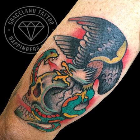 Tattoos - Traditional Skull, Eagle and Snake Tattoo - 108869