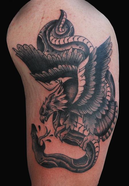 Adam Lauricella - Traditional Eagle and Snake Battle Tattoo