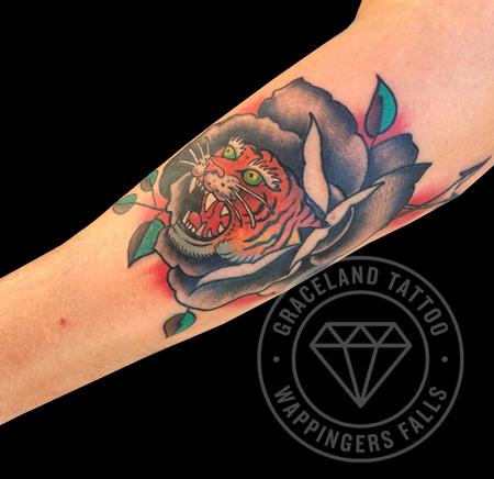 Tattoos - Tiger, Rose Traditional Tattoo - 109836