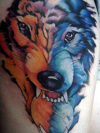 moon tattoo. Wolf biting Moon