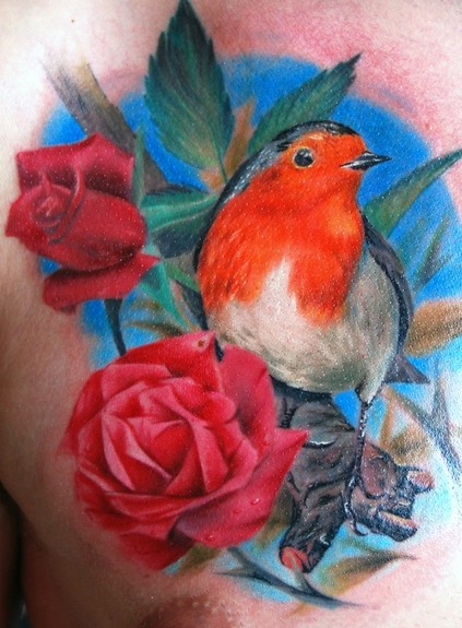 Tattoos - Color Bird and Roses Tattoo - 50603