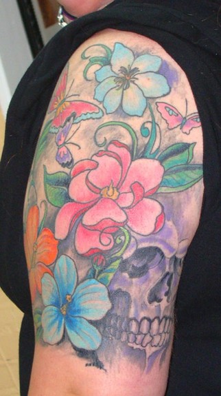 Tattoos - flowers and skull - 52522