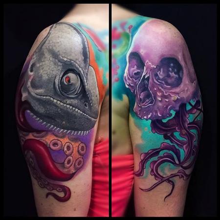 Andrea Lanzi - Skull and Chameleon tattoo