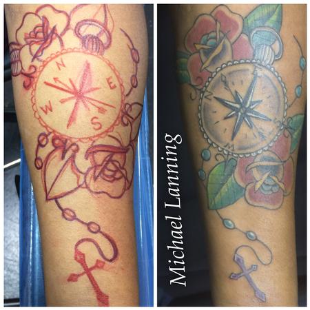 Tattoos - Free hand rose and compass - 120014