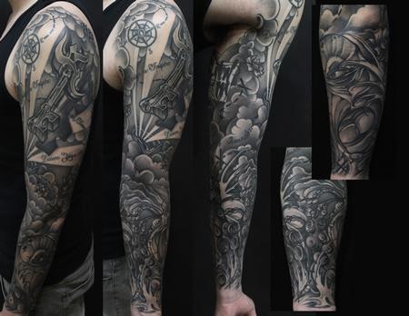 Mike Demasi - Black and gray Octopus treasure map tattoo Mike DeMasi Art Junkies Tattoo