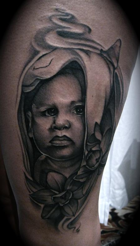 Mike Demasi - Black and Gray Baby Portrait Tattoo Mike DeMasi Art Junkies Tattoo