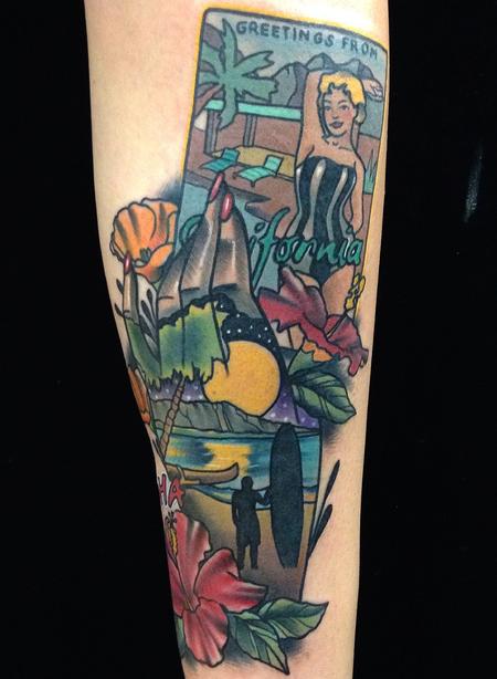 Gary Dunn - Traditional style tribute from travels from California and Hawaii tattoo, Gary Dunn Art Junkies Tattoo  