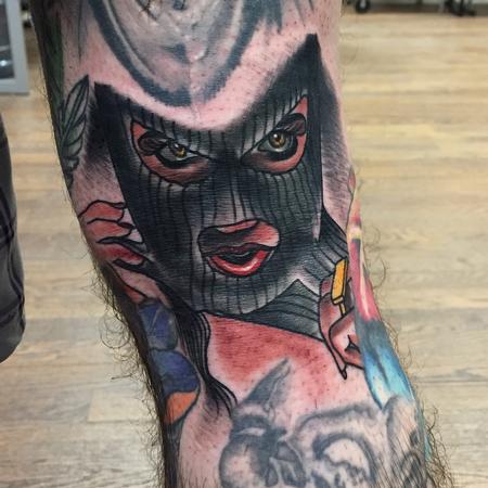 Gary Dunn - Traditional color girl in ski mask tattoo. Gary Dunn Art Junkies Tattoo 