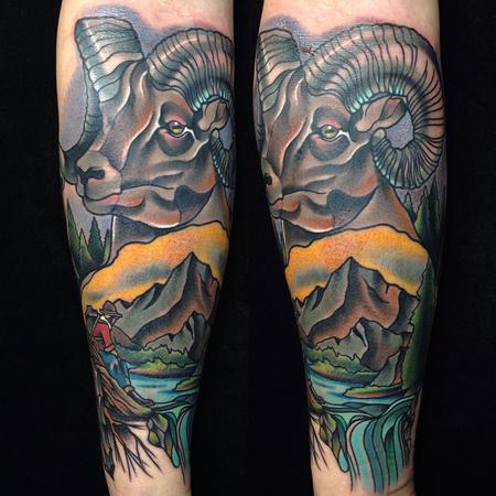 Gary Dunn - Traditional color mountain sheep, with mountain scenery tattoo. Gary Dunn Art Junkies Tattoo 