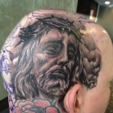 Big Gus - black and gray realistic portrait tattoo of jesus