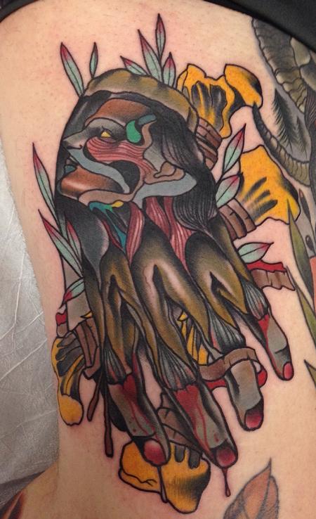 Gary Dunn - Traditional color hand with girls face tattoo, Gary Dunn Art Junkies Tattoo