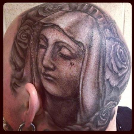 Big Gus - black and gray virgin Mary head tattoo