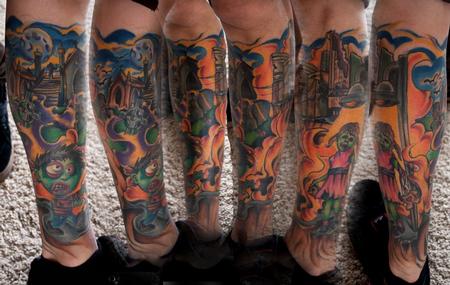 Ryan Mullins - color zombie leg sleeve tattoo