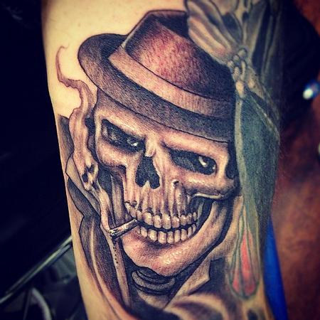 Big Gus - realistic black and gray skull with hat tattoo, Big Gus Art Junkies Tatto