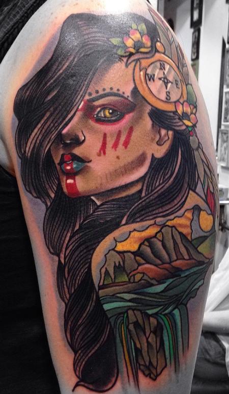 Gary Dunn - Traditional color native girl with compass in hair tattoo. Gary Dunn Art Junkies Tattoo 