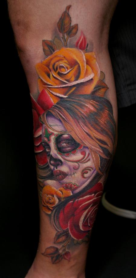 Tim Mcevoy - Custom color day of the dead portrait rose  tattoo Tim McEvoy Art Junkies