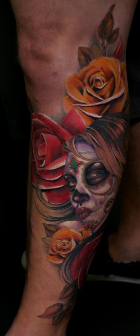 Tim Mcevoy - Custom color day of the dead portrait rose tattoo Tim McEvoy Art Junkies