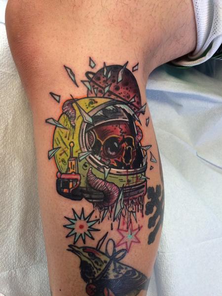 Mike Riedl - Traditional color skull in helmet tattoo, Mike Riedl Art Junkies tattoo