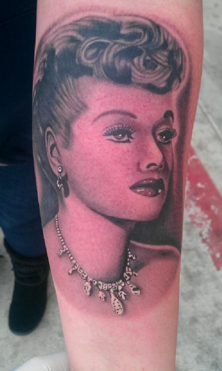 Scott Grosjean - black and gray realistic Lucy portrait tattoo