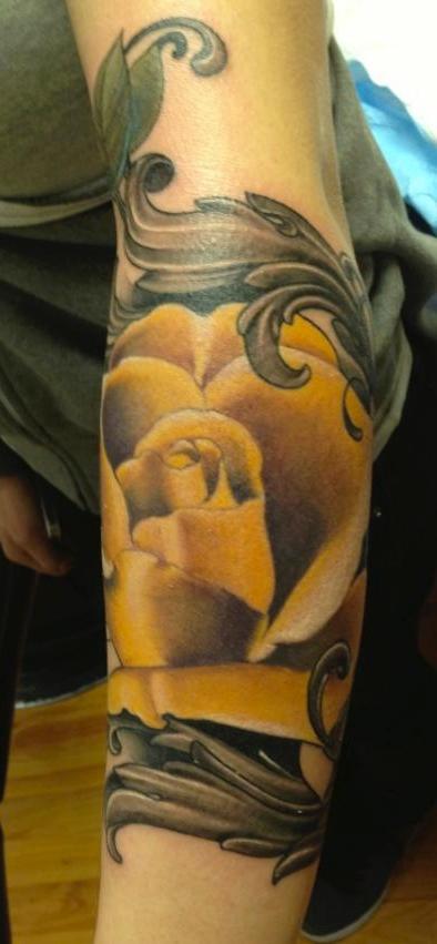 Tim Mcevoy - colored realistic rose with filigree tattoo, Tim McEvoy Art Junkies Tattoo