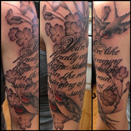 Tim Mcevoy - Black and Grey script with bird and flowers tattoo, Tim McEvoy Art Junkies Tattoo