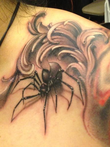 Tim Mcevoy - black and grey spider with filagree tattoo, Tim McEvoy Art Junkies Tattoo