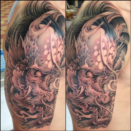 Tim Mcevoy - black and grey traditional dragon tattoo, Tim McEvoy Art Junkies Tattoos