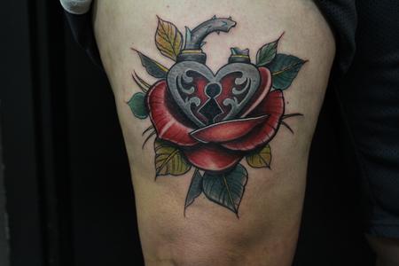 Mike Riedl - Traditional color rose with heart locket tattoo, Mike Riedl Art Junkies Tattoo