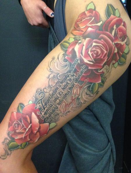 Tim Mcevoy - realistic color roses with script tattoo, Tim McEvoy Art Junkies tattoo