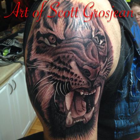 Scott Grosjean - realistic black and gray tiger tattoo, Scott Grosejean Art Junkies Tattoo