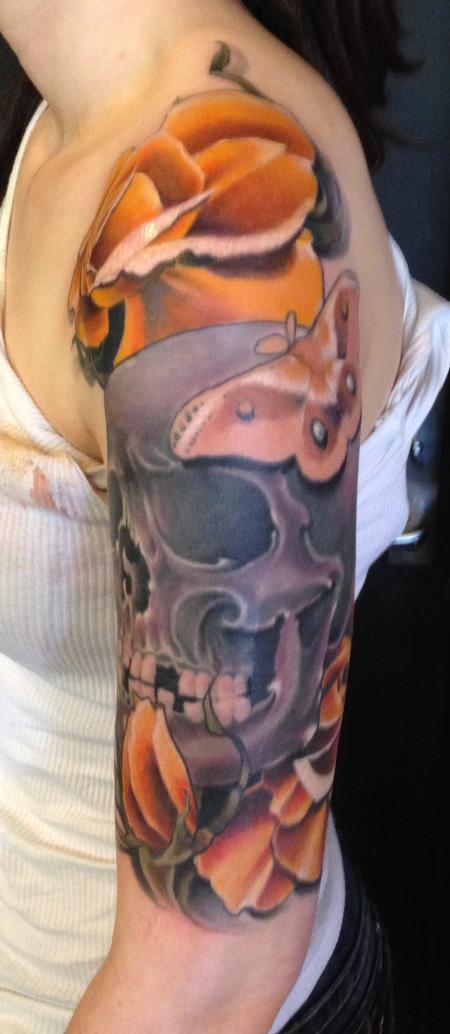 Tim Mcevoy - realistic color skull with roses and moth tattoo, Art Junkies Tattoo, Tim McEvoy