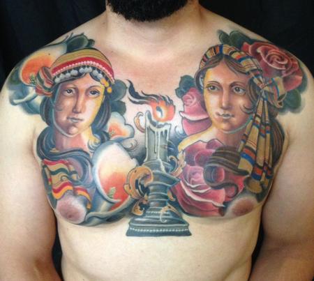 Tim Mcevoy - traidtional style gypsy girls with candle and flowers tattoo, Tim McEvoy Art Junkies Tattoo