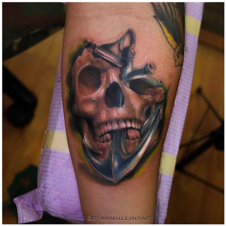 Tattoos - Realistic color skull with anchor tattoo. Ryan Mullins Art Junkies Tattoo - 101964