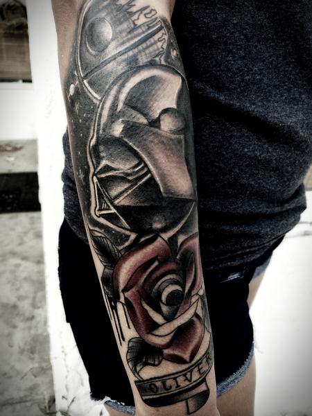 Frichard Adams - Traditional Darth Vader and death star with rose tattoo, Frichard Adams Art Junkies Tattoo.