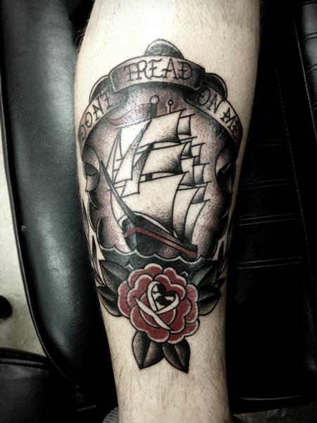 Frichard Adams - Traditional color ship with rose tattoo, Frichard Adams Art Junkies Tattoo  