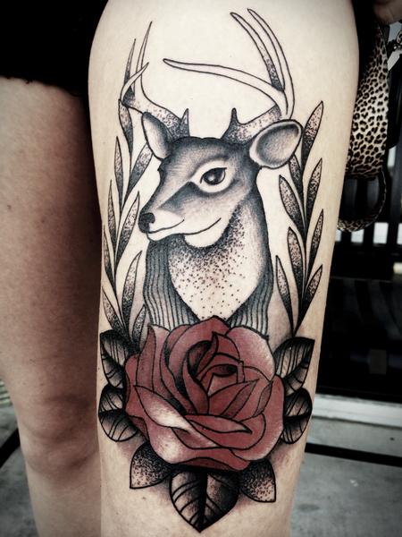 Frichard Adams - Traditional deer with rose tattoo. Frichard Adams Art Junkies Tattoo