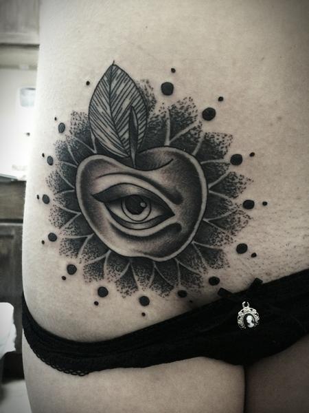 Frichard Adams - Traditional black and gray apple with eye and sacred geometry tattoo. Mike Riedl 