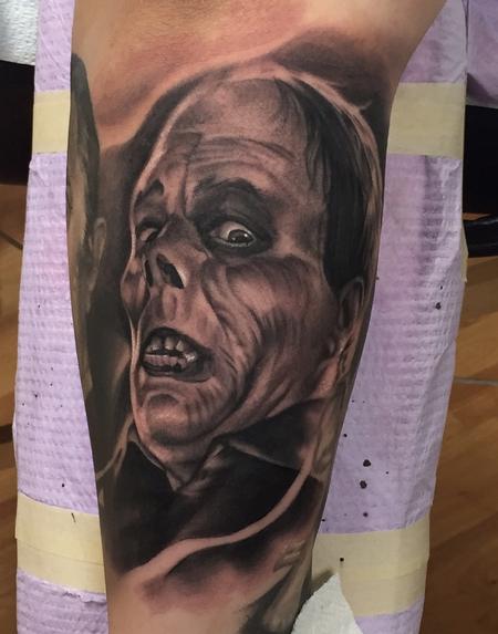 Ryan Mullins - Realistic black and gray portrait from horror movie tattoo. Ryan Mullins Art Junkies Tattoo 