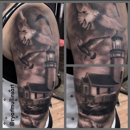 Ryan Mullins - Black and gray realistic light house with ocean and birds tattoo. Ryan Mullins Art Junkies Tattoo 