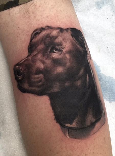 Ryan Mullins - Black and Gray realistic dog portrait tattoo, Ryan Mullins Art Junkies Tattoo