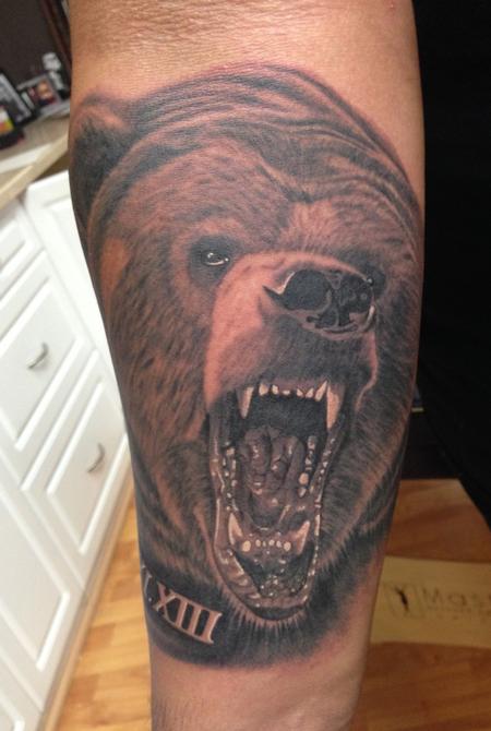Scott Grosjean - black and gray realistic bear tattoo, Scott Grosjean Art Junkies Tattoo