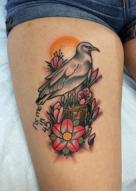 Mike Riedl - Traditional color seagull with flowers tattoo, Mike Riedl Art Junkies Tattoo