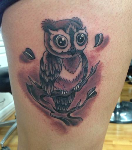 Scott Grosjean - black and gray traditional owl tattoo, Art Junkies tattoo Scott Grosjean