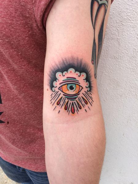 Mike Riedl - Traditional color eye crying in clouds tattoo, Mike Riedl Art Junkies Tattoo