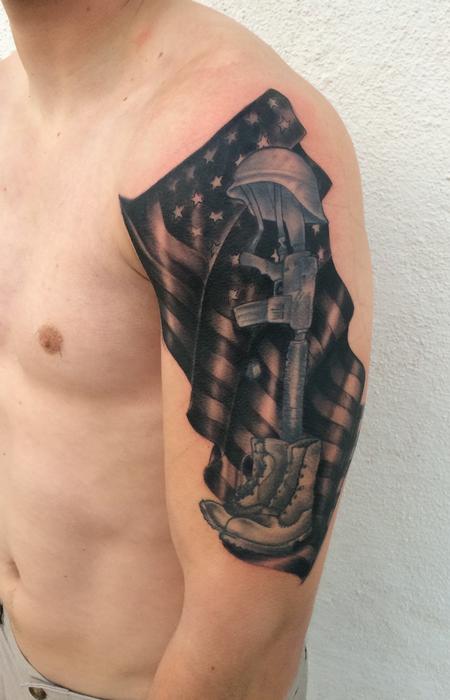 Mike Riedl - Realistic black and gray flag added to previous tattoo, Mike Riedl Art Junkies Tattoo 