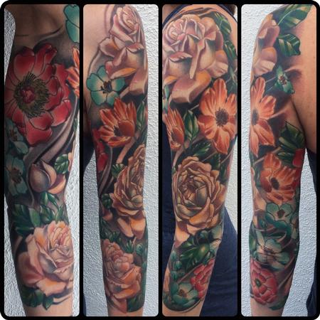 Brent Olson - Realistic color flower sleeve tattoo, Brent Olson Art Junkies Tattoo