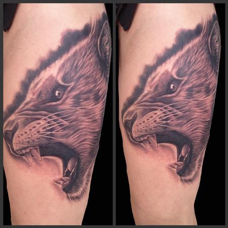 Scott Grosjean - Realistic black and gray female lion tattoo, Scott Grosjean Art Junkies Tattoo 