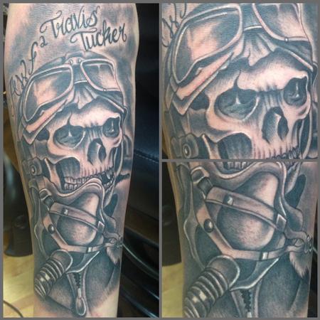 Scott Grosjean - Realistic black and gray pilot skull tattoo. Scott Grosjean Art Junkies Tattoo 